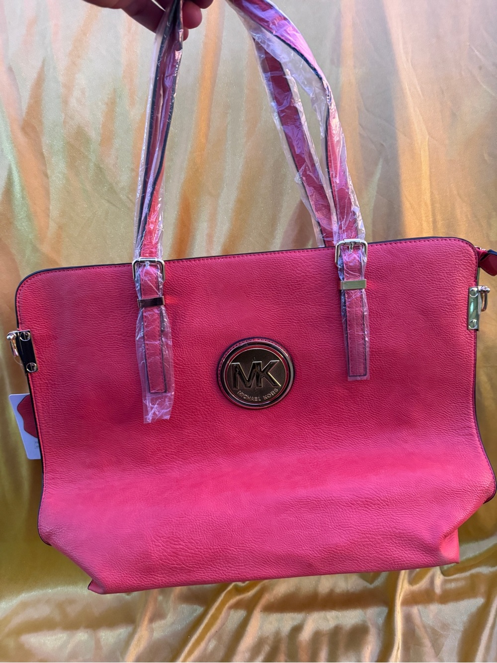 Michael Kors Bright Pink Tote with Gold MK Emblem